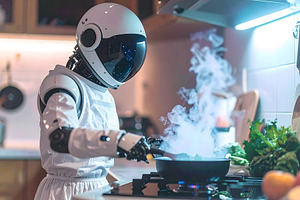 Humanoid robot cooking vegetables in modern futuristic kitchen, a Technology Photo by GoodGoods