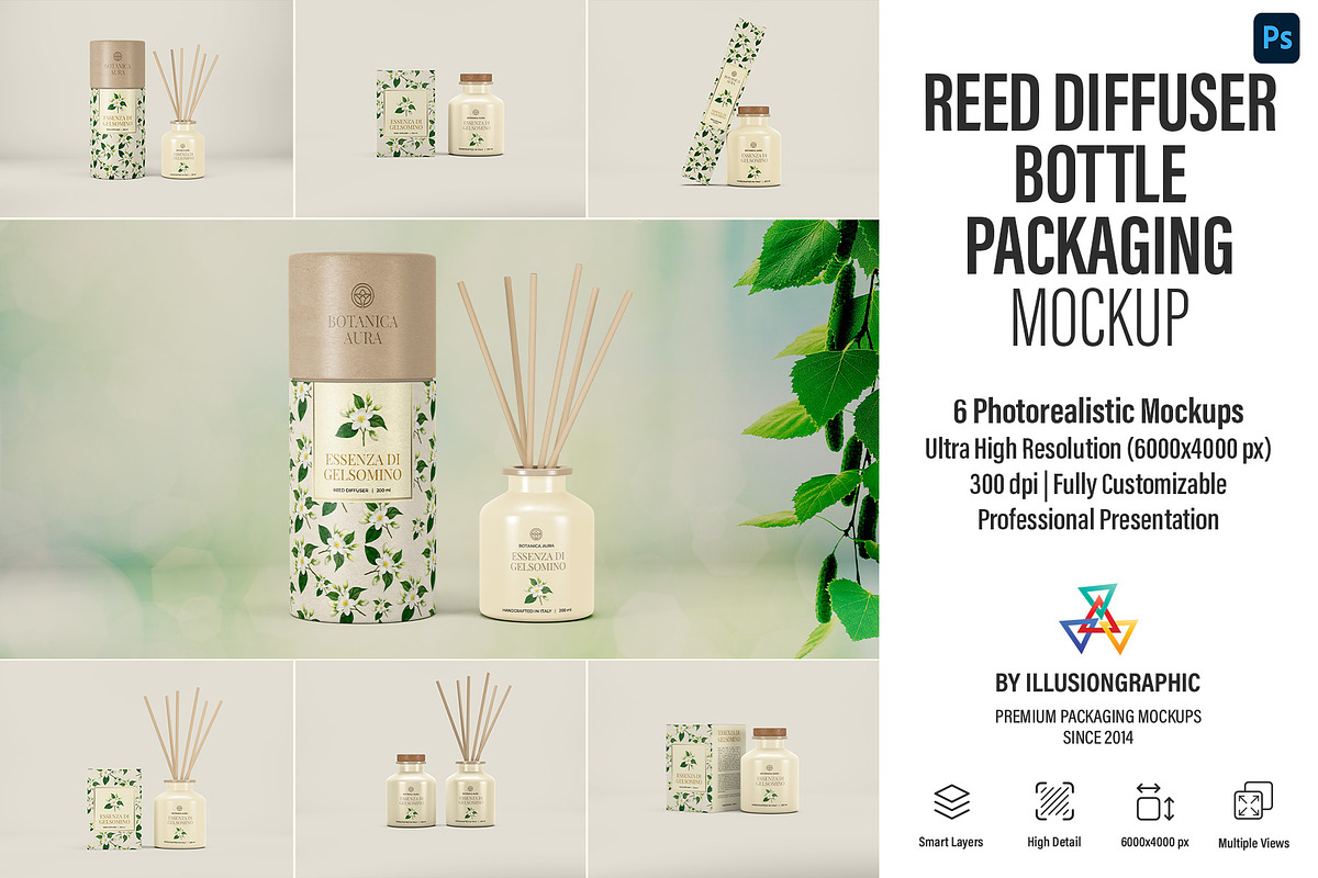 Reed Diffuser Bottle Package Mockup, a Packaging Mockup by Illusiongraphic (Photo 1 of 20)