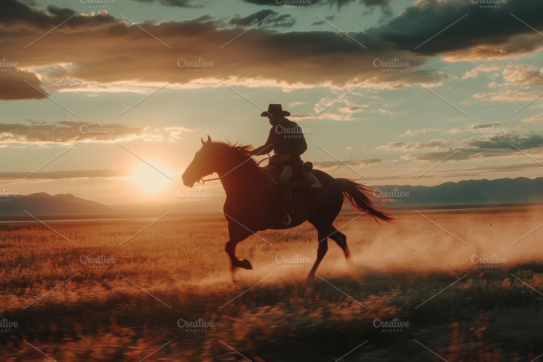 Cowboy riding a horse across a field, a Photo by Iftikhar Alam