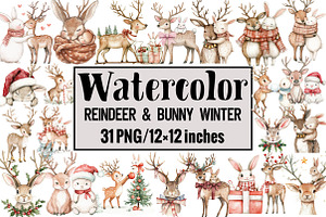 Reindeer & Bunny Winter, an Illustration by Design Market