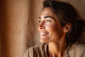 Woman smiles softly while gazing out a window with warm sunlight illuminating h, a Person Photo by AlyaAnd