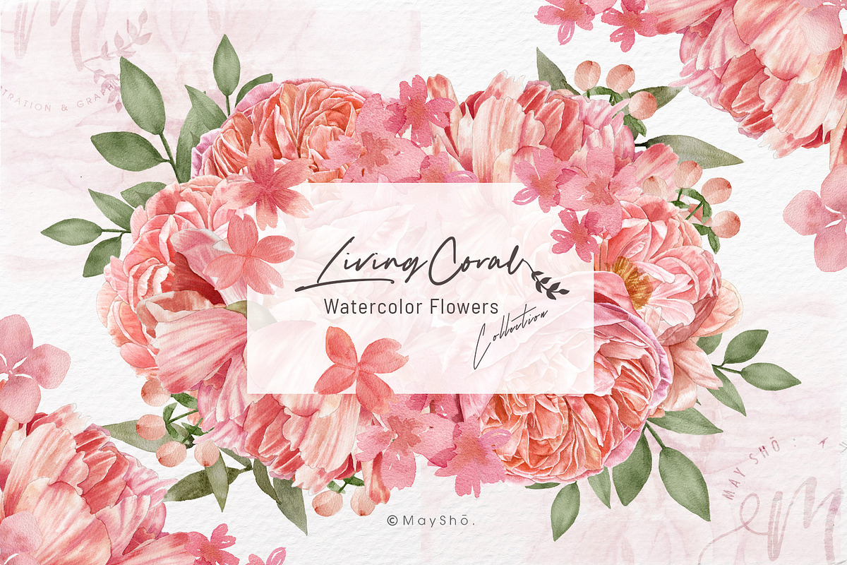 LivingCoral Watercolor Flowers, an Illustration by May • SHO (Photo 1 of 13)