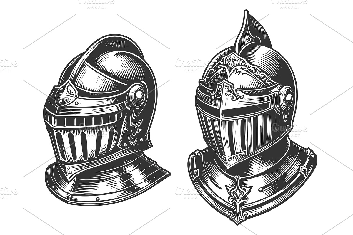 Medieval Knight Helmets engraving, an Object Illustration by AlexArt