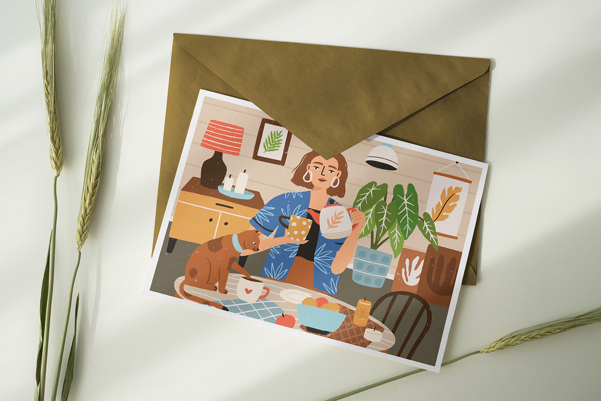 Cozy home scene with woman and cat, a Person Illustration by Good Studio (Photo 3 of 3)