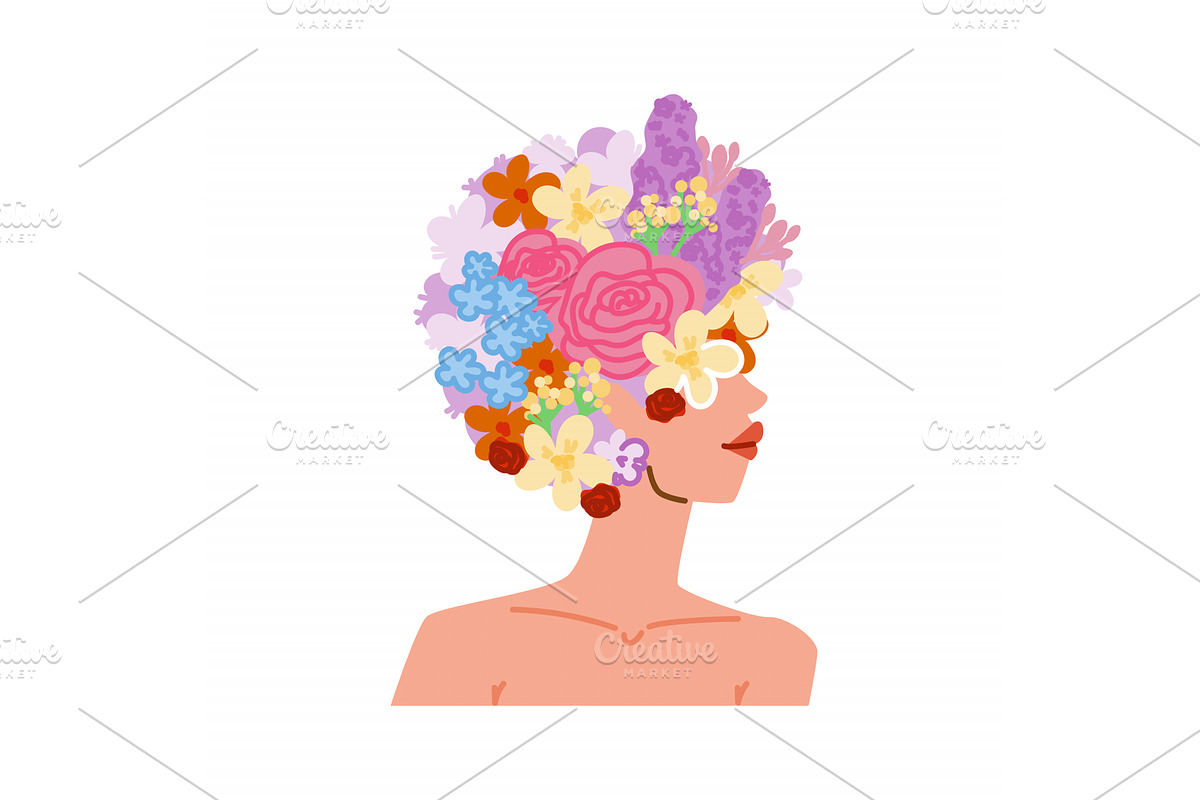 Woman showing spring flowers, an Illustration by pikepicture