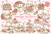Kawaii Cat Vintage Tea Party Clipart, an Animal Illustration by Blumensdiary (Thumbnail 1 of 6)