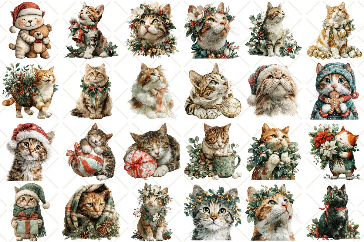 Watercolor Christmas Cat Clipart, a Seasonal Illustration by Black Bird Studio (Photo 2 of 7)