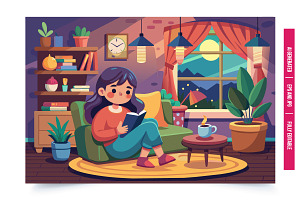 A woman sits on a couch in a cozy li, an Illustration by Tanuart