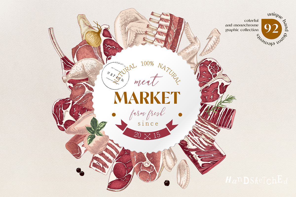 Ultimate meat set. Meat market, a Food Illustration by handsketched (Photo 1 of 17)