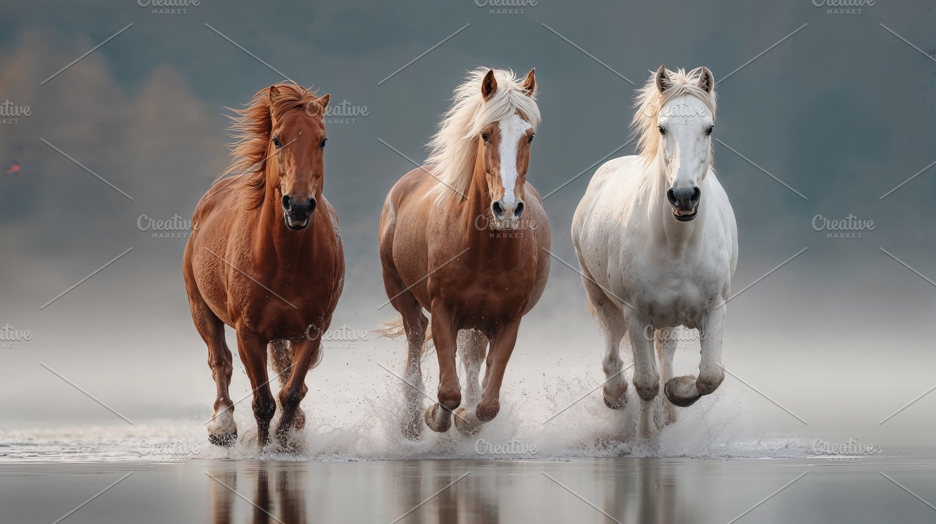 Horses running through shallow water at early morning, an Animal Photo by OSORIOartist