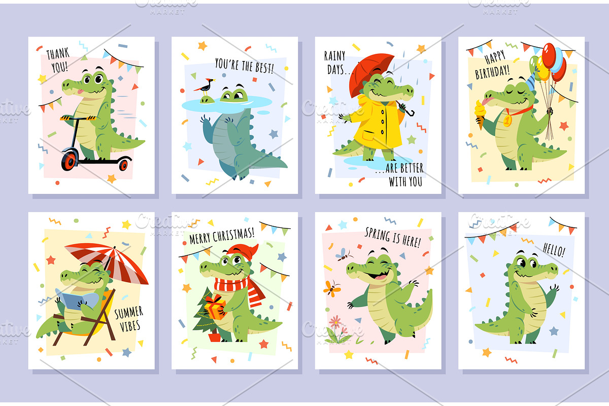 Funny alligator cards. Various, an Animal Illustration by YummyBuum