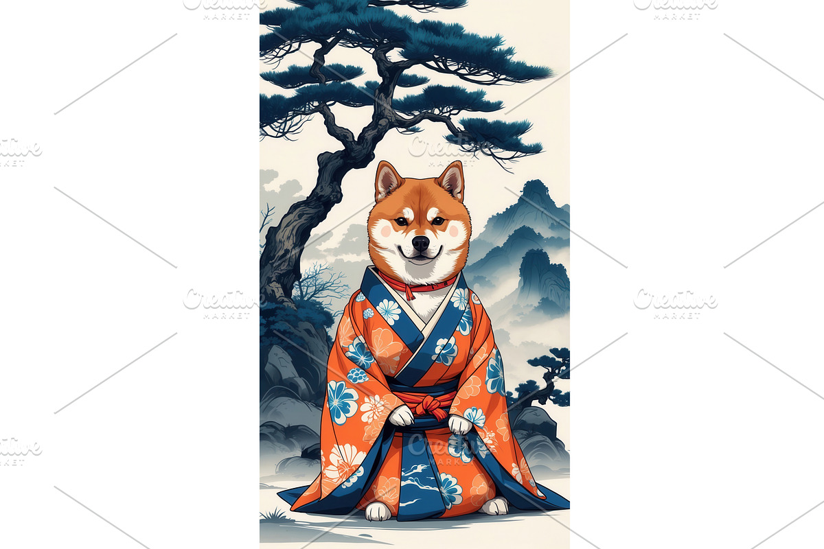 Shiba Inu dog wearing traditional, an Illustration by tilialucida
