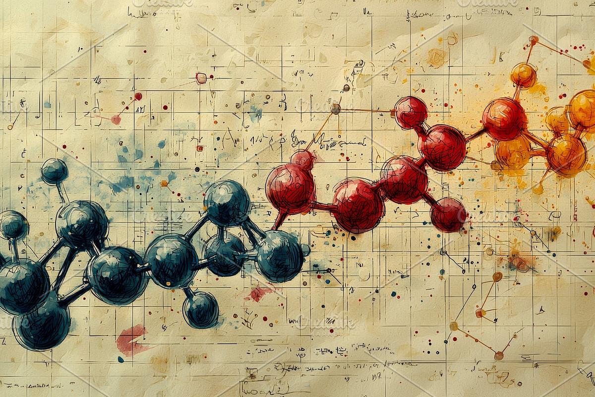 Colorful molecular structure illustration with scientific formulas, an Illustration by AS photostudio