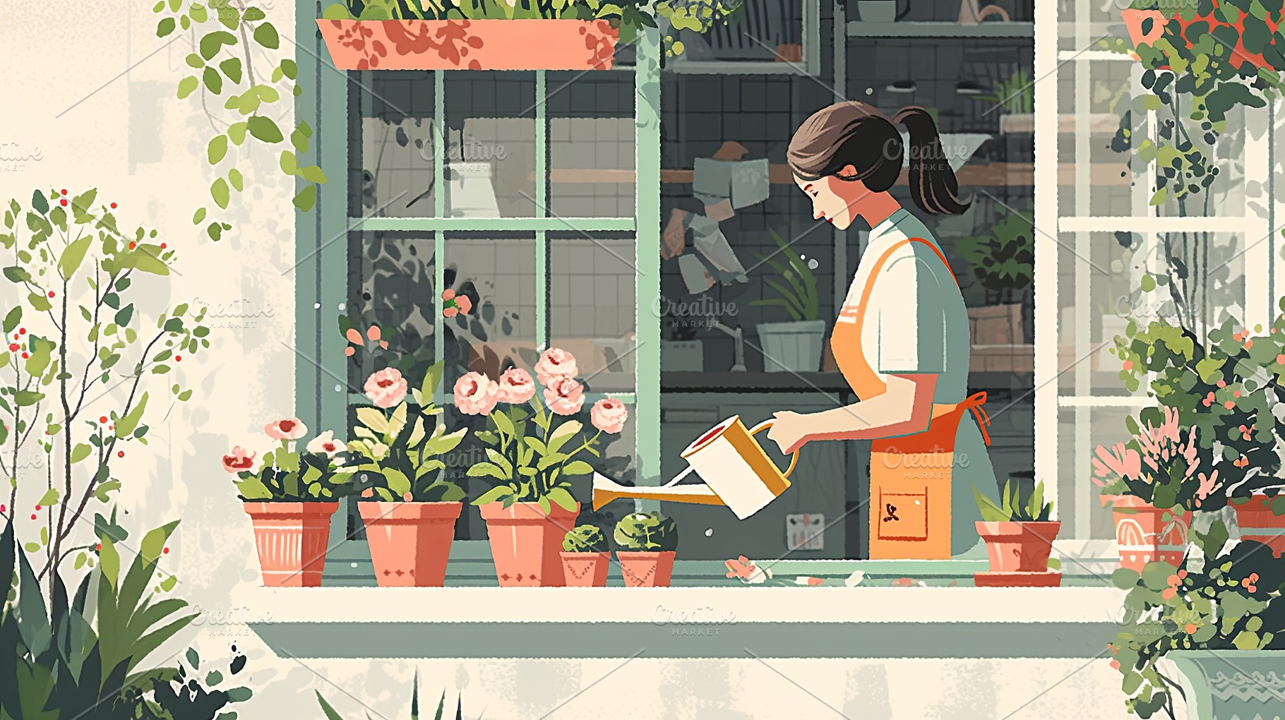 Young woman tending pink flowers in a sunlit garden window setting, a Photo by AS photostudio