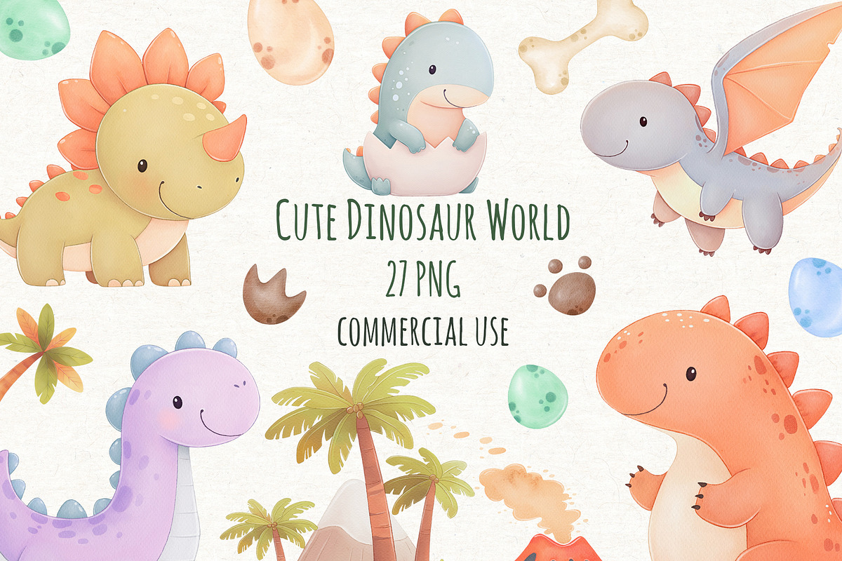 Cute Dinosaur Watercolor Clipart PNG, an Animal Illustration by ekossa_art (Photo 1 of 5)