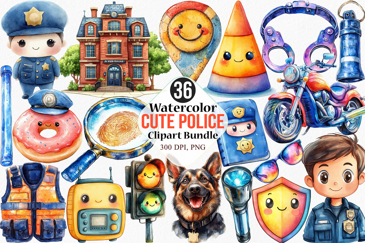 Watercolor Cute Police Clipart, an Illustration by Canvas Craft (Photo 1 of 7)