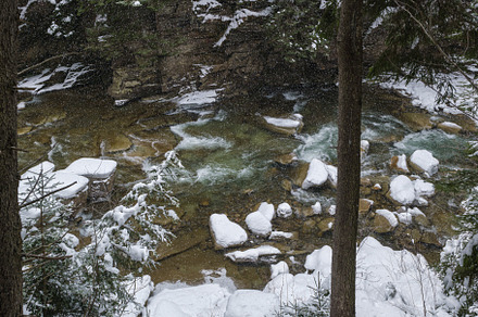 Winter scenery with snowfall and mountain stream running through, a Nature Photo by YuriyB