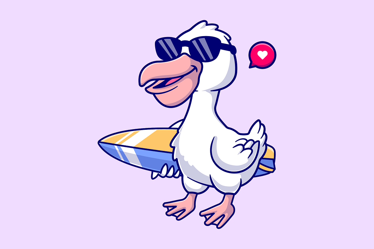 Cute Pelican Bird Surfing Cartoon, an Animal Illustration by Catalyst Labs (Photo 2 of 3)