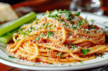 A plate of spaghetti garnished with, a Photo by LOGOCREATIVE