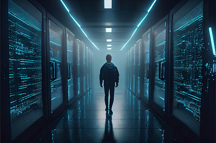Cloud service engineer standing in front of a digital technology data center in, a Technology Photo by Olyryk & Aglo