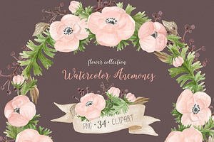 Watercolor anemones. Floral set 2