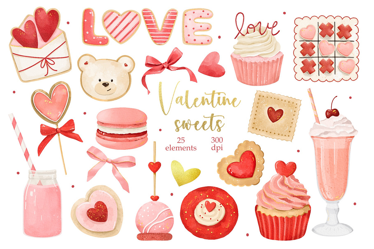 Watercolor Valentines Day Sweets, a Seasonal Illustration by ArtGiftsStudio (Photo 1 of 4)