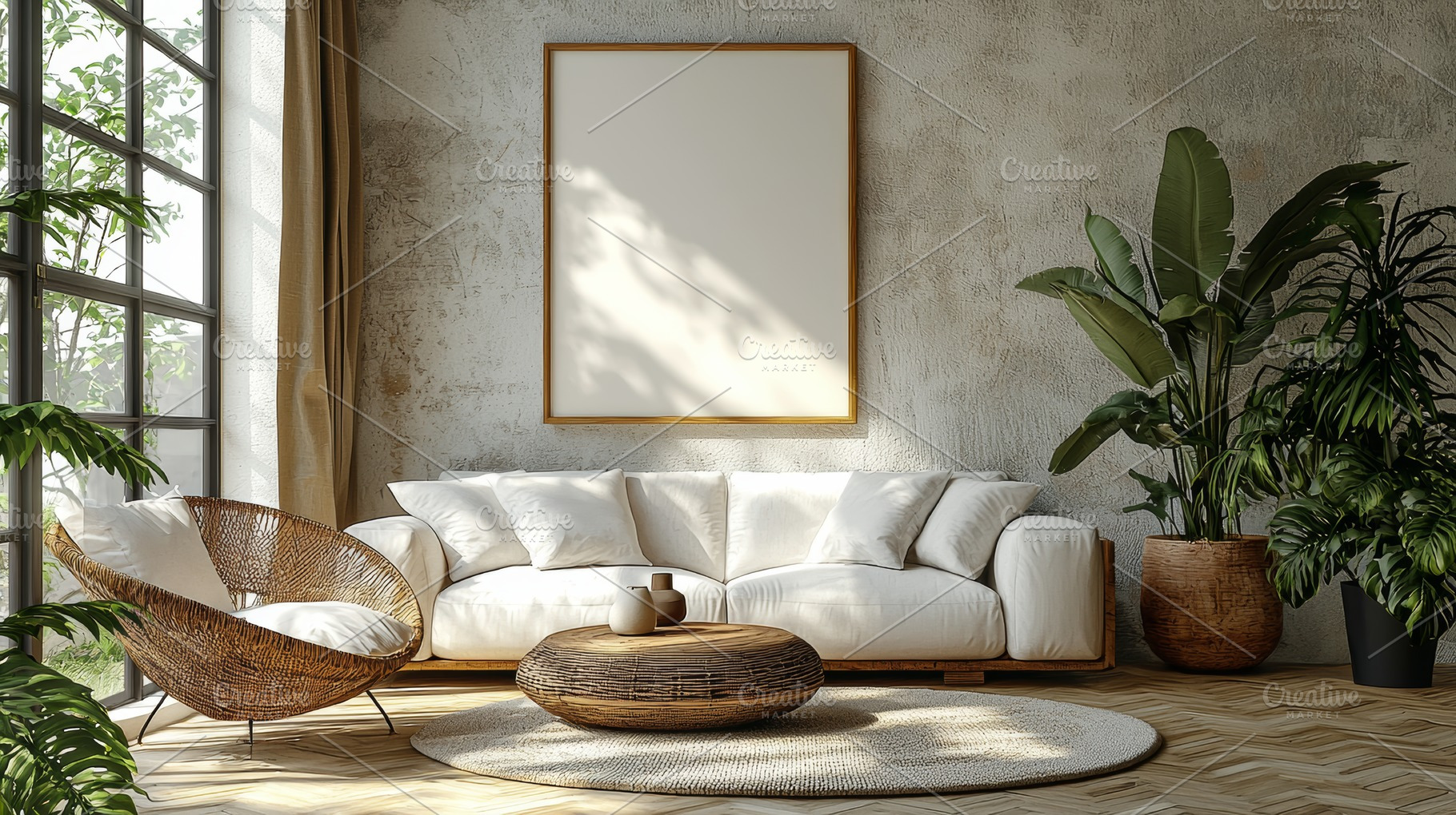 Elegant living room with natural decor, cozy furniture, and green plants, a Photo by AS photostudio