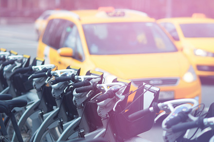 Bicycle vs taxi parking transportation backdrop, a Transportation Photo by RETROWAVE '88