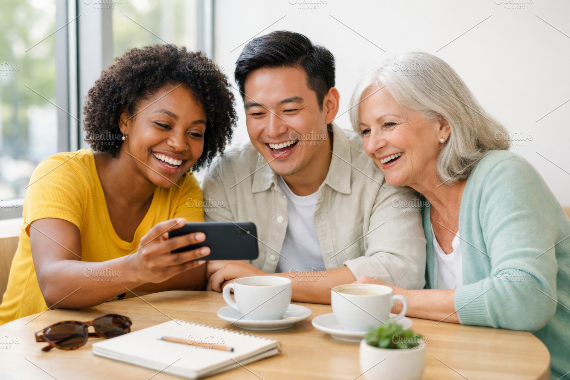 Three friends smiling while looking, a Photo by Dvoevnore photos