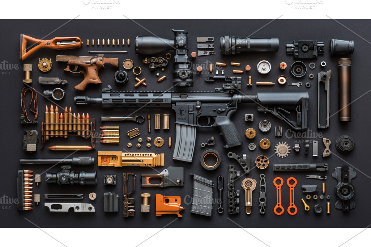 A flat lay of firearm components, an Illustration by Sergey Kotenev