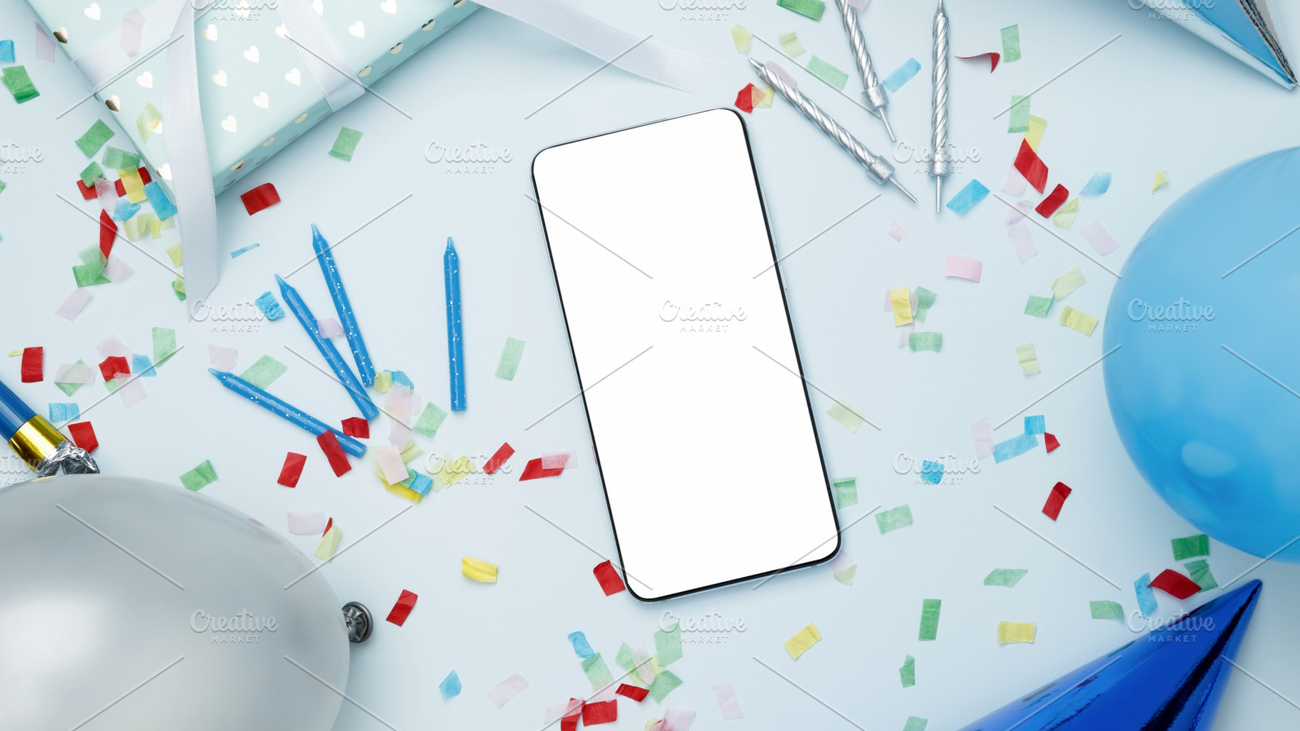 Concept of celebration and technology. Smartphone with blank screen surrounded, a Photo by matucha