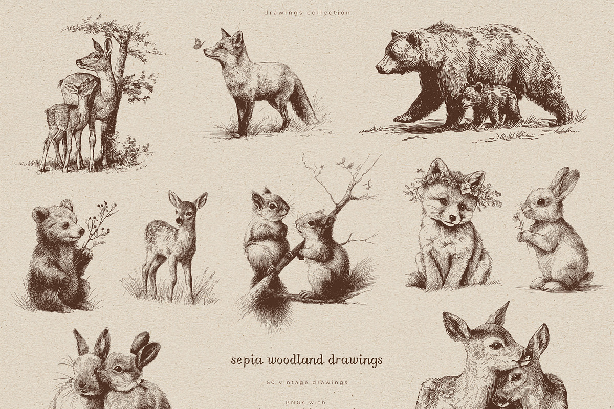 Sepia Woodland Drawings, an Animal Illustration by PeDe Designs (Photo 7 of 15)