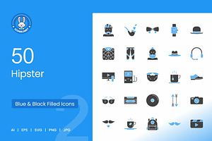 50 Hipster Blue & Black Icons, an Icon by IconBunny