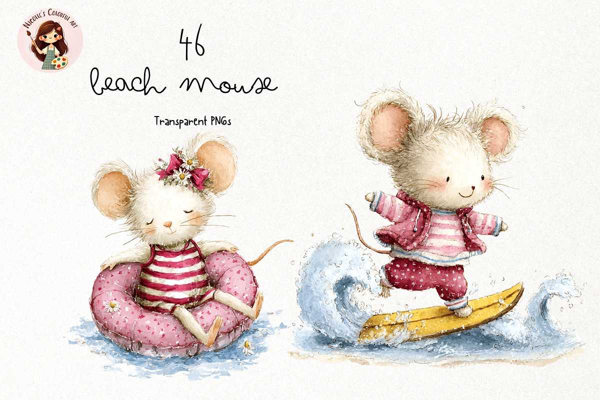 Beach Mouse Watercolor Clipart PNG, a Seasonal Illustration by Nicolle's Colorful Art (Photo 1 of 5)