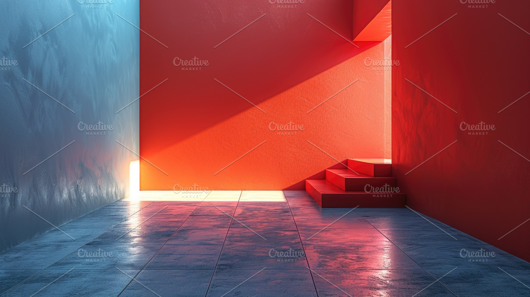 Minimal Red and Blue Architectural Interior with Stairs and Sunl, an Abstract Photo by José Manuel Gelpi