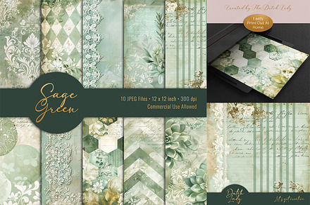 Sage Green Junk Journal Papers, a Background Graphic by The Dutch Lady Designs