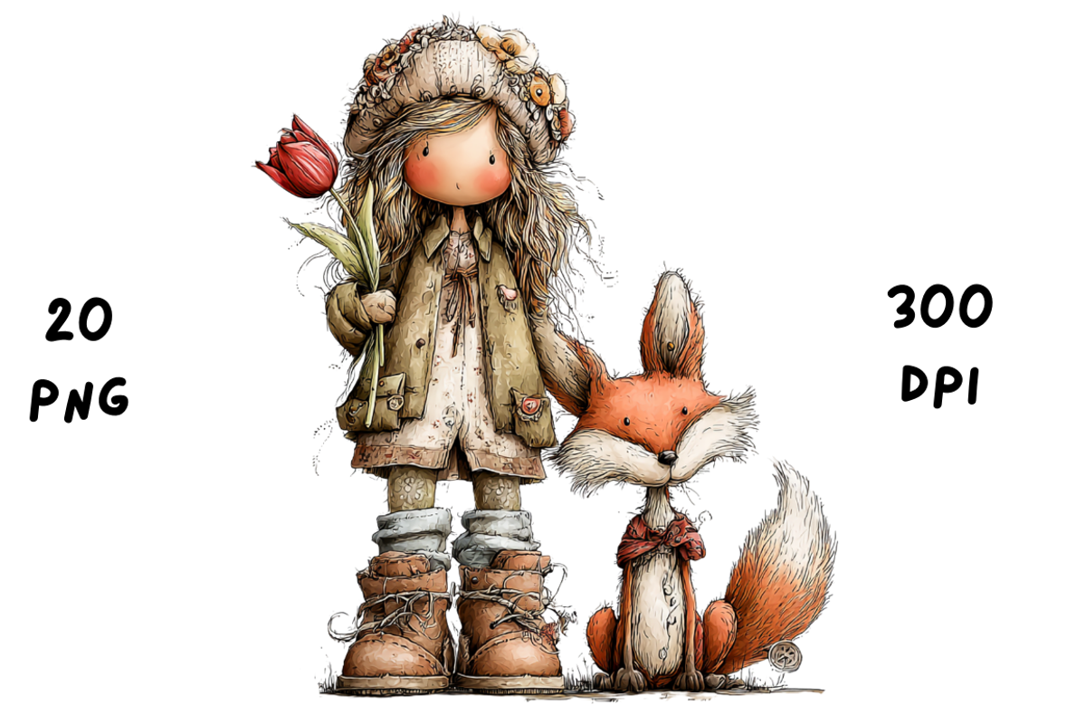Whimsical Floral Girl & Fox Clipart, an Animal Illustration by GiraffeCreative (Photo 10 of 20)