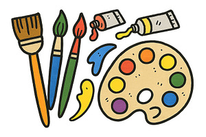 Art supplies illustration with paint, an Illustration by Dvoevnore photos