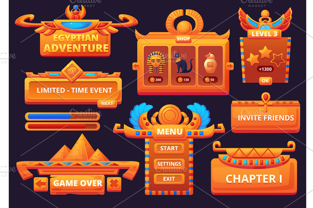 Egyptian ui game interface. Progress, an Illustration by LadadikArt