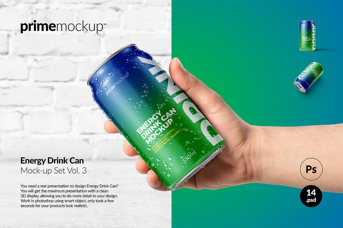 330 ml Energy Drink Can Mockup Set, a Packaging Mockup by PrimeMockup (Photo 1 of 11)