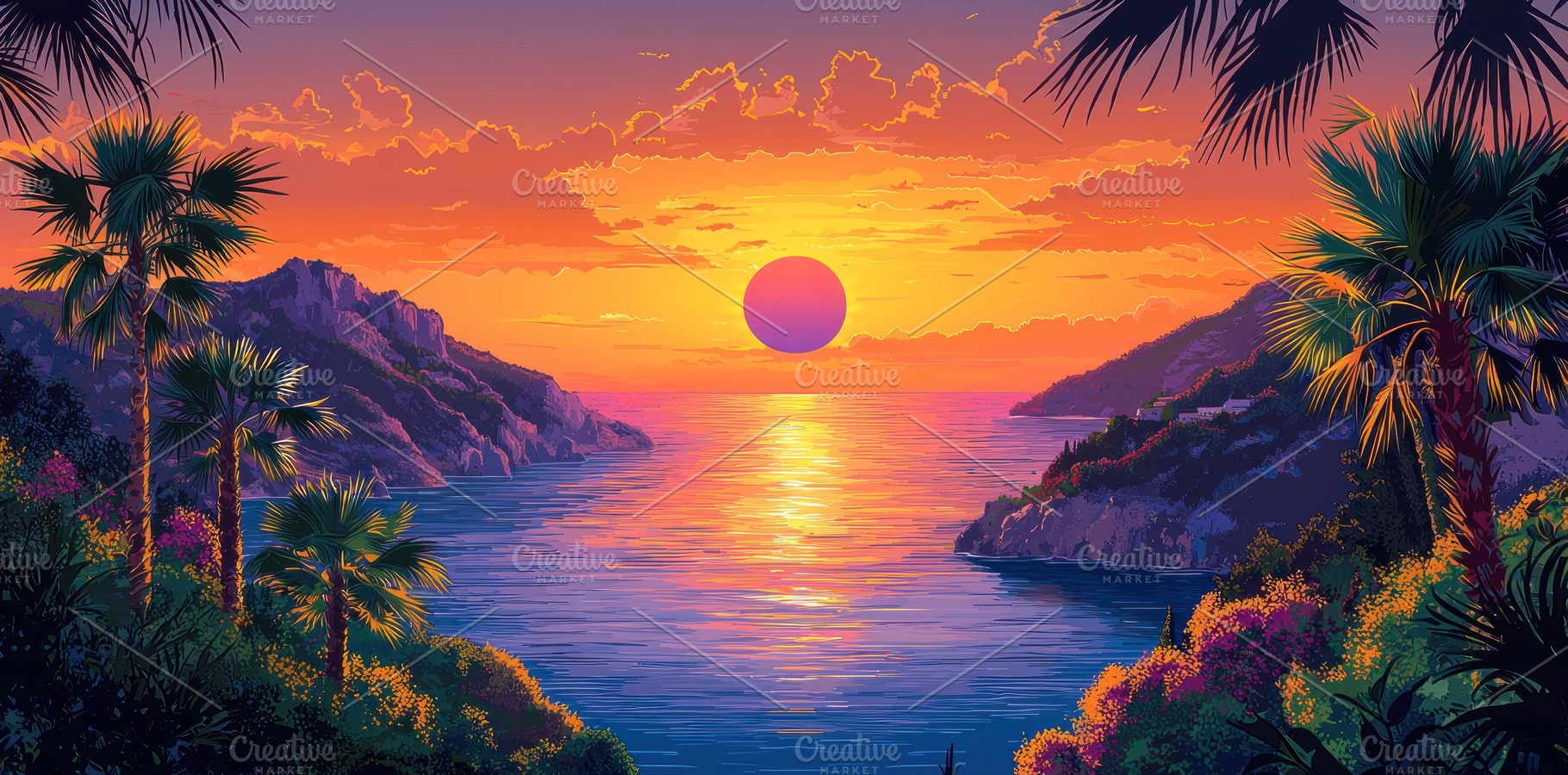 Tropical sunset over ocean bay with colorful sky, palm trees, an, a Nature Photo by José Manuel Gelpi