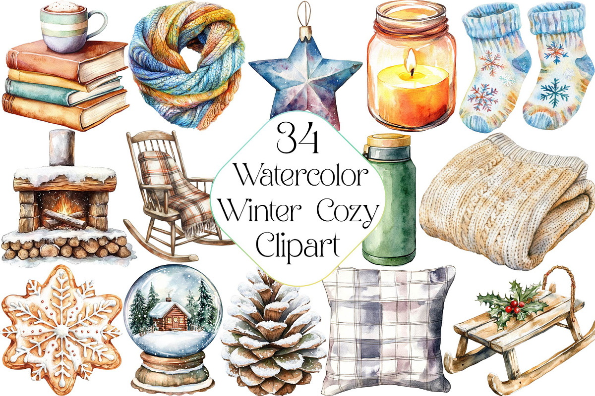 Watercolor Winter Cozy Clipart, an Illustration by DreamPrint404 (Photo 1 of 7)
