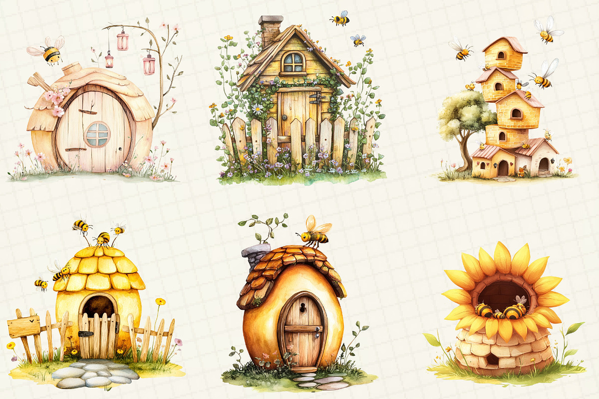 Watercolor Bee Home Clipart, an Illustration by OK Design (Photo 4 of 5)