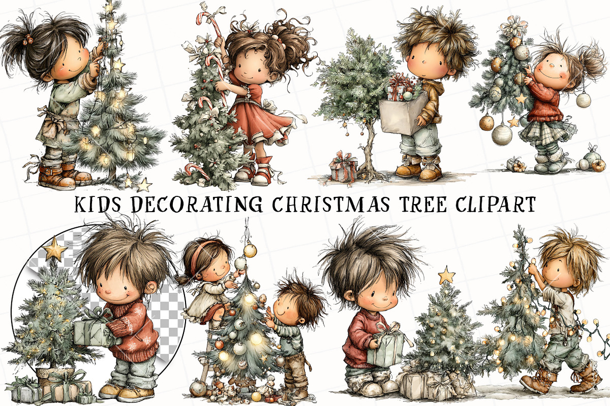 Kids Decorate Christmas Tree Clipart, an Illustration by OK Design (Photo 2 of 6)