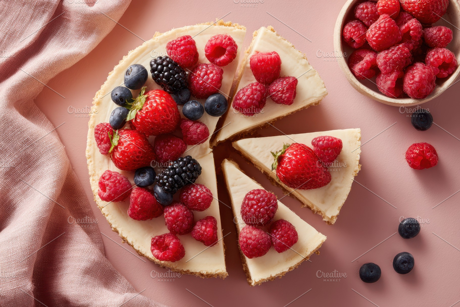 Fresh fruit topped cake with berries and cream, a Food & Drink Photo by AlyaAnd