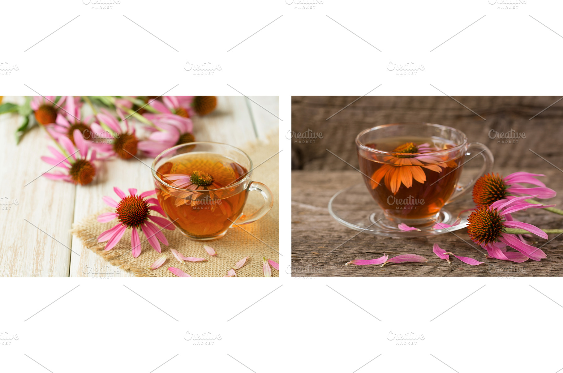 Cup of echinacea tea on white wooden, a Food & Drink Photo by NataPhoto