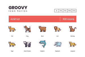 100 Animals Icons - Groovy Series