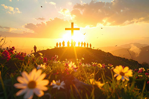People standing by a cross at sunrise