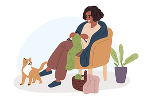 Woman knitting scarf and sitting in, a Person Illustration by Vectorbuum
