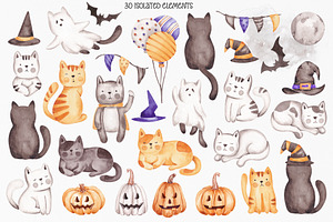 Watercolor Set Halloween Cats